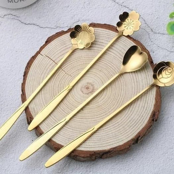 Golden Floral Spoon Set of 4 – Stainless Steel Dessert & Tea Spoons with Floral Handle Design